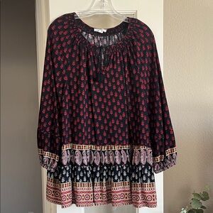 Beachlunchlounge Tunic Top Medium Black Red Puff Sleeve Boho Made in India